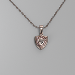 Load image into Gallery viewer, 14K rose gold Aggie Shield™ diamond pendant with maroon garnets on an 18-inch cable chain.
