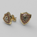 Load image into Gallery viewer, 14K yellow gold Aggie Shield stud earrings with maroon garnets and a shield-shaped diamond.