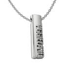Load image into Gallery viewer, A sterling silver oval tag pendant with the words 'Aggieland' cut out vertically, attached to a silver chain.