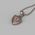 Load image into Gallery viewer, Angled view of the Aggie Shield™ diamond pendant in rose gold with maroon garnet detailing.
