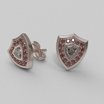 Load image into Gallery viewer, 14K rose gold Aggie Shield diamond stud earrings with custom shield-shaped lab grown diamond and maroon garnets.