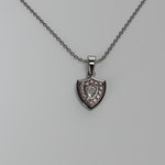 Load image into Gallery viewer, 14K white gold Aggie Shield™ diamond pendant with maroon garnets on an 18-inch cable chain.