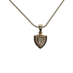 Load image into Gallery viewer, 14K yellow gold Aggie Shield™ diamond pendant with maroon garnets on cable chain.